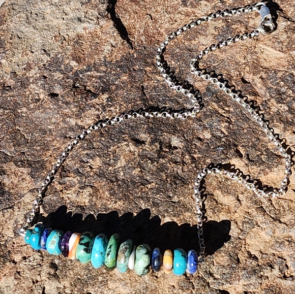 Sterling Silver Multi Gemstone Bar Necklace - Picture 6 of 16